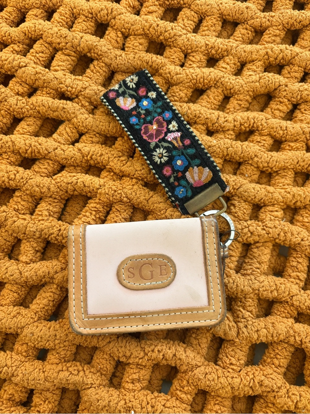 Pink Leather-Trim Wristlet Card Case with Embroidered Strap